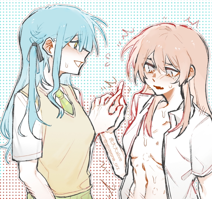 2girls aliveone_orz bang_dream! bang_dream!_it&#039;s_mygo!!!!! black_ribbon blue_hair blush chihaya_anon collared_shirt commentary_request dotted_background fang flying_sweatdrops green_necktie grey_eyes hair_ribbon haneoka_school_uniform hickey holding_hands long_hair multiple_girls necktie open_clothes open_mouth open_shirt pink_hair ribbon school_uniform shirt skin_fang sweat sweater_vest tears togawa_sakiko two_side_up white_shirt yellow_eyes yellow_sweater_vest yuri