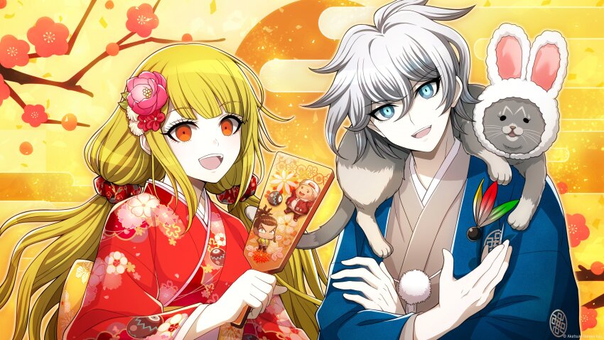 1boy 1girl absurdres animal animal_on_shoulder arisugawa_saori artist_request blonde_hair blue_eyes blue_haori branch cat copyright_notice crossed_arms flower grey_hair grey_kimono hair_between_eyes hair_flower hair_ornament hair_scrunchie haori highres japanese_clothes kamiya_shun kimono long_hair looking_at_viewer low_twintails nekomaru_(tribe_nine) obi official_art orange_eyes outer_glow red_kimono sash scrunchie short_hair smile teeth tribe_nine twintails upper_body upper_teeth_only