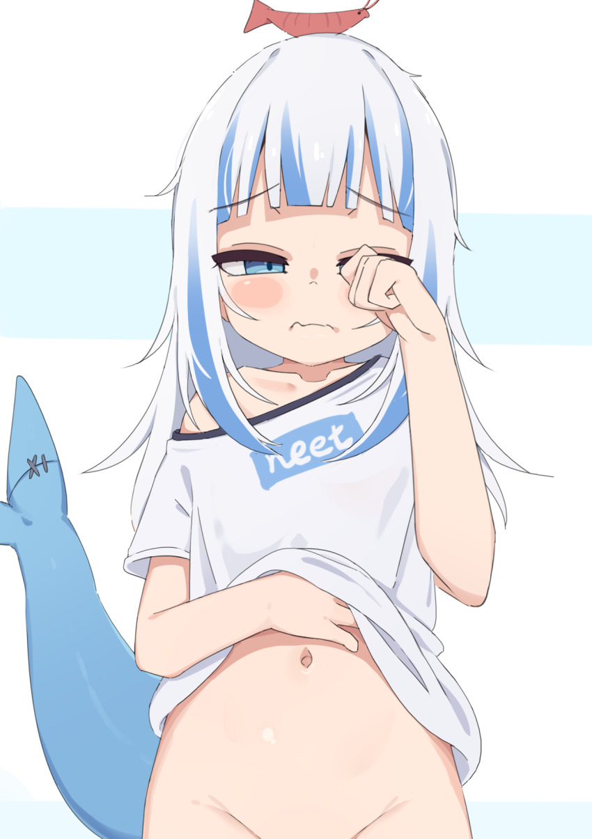 1girl alternate_costume blue_eyes blue_hair bottomless breasts clothes_lift collarbone ebi-chan_(gawr_gura) fins fish_tail gawr_gura highres hololive hololive_english lifting_own_clothes long_hair medium_hair multicolored_hair navel shark_girl shark_tail shirt shirt_lift shrimp simple_background small_breasts solo stomach streaked_hair tail tenroy two-tone_hair virtual_youtuber white_hair white_shirt