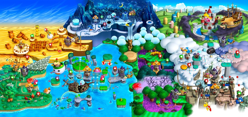 1girl baby_yoshi big_urchin boo_(mario) boom_boom bowser_jr. bullet_bill castle cheep_cheep cloud cooligan creature crown desert dress elbow_gloves forest glasses gloves highres kamek koopa_paratroopa lakitu map mario_(series) mushroom nature new_super_mario_bros._u nintendo ocean opaque_glasses outdoors pink_dress piranha_pod pokey princess princess_peach rainbow round_eyewear shipwreck sky snow super_mario_bros._1 tree waddlewing wiggler world_map yoshi