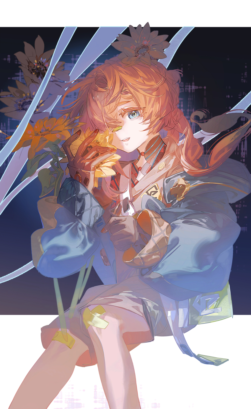 1girl absurdres bandaid bandaid_on_face bandaid_on_knee bandaid_on_leg bandaid_on_nose blue_eyes blue_jacket brown_gloves brown_shorts fang fate/grand_order fate_(series) flower gloves hair_over_one_eye highres holding jacket kuaile_xiaogou_(xin69476) long_hair orange_hair ringed_eyes shorts smile solo sunflower van_gogh_(fate) van_gogh_(miner)_(fate)