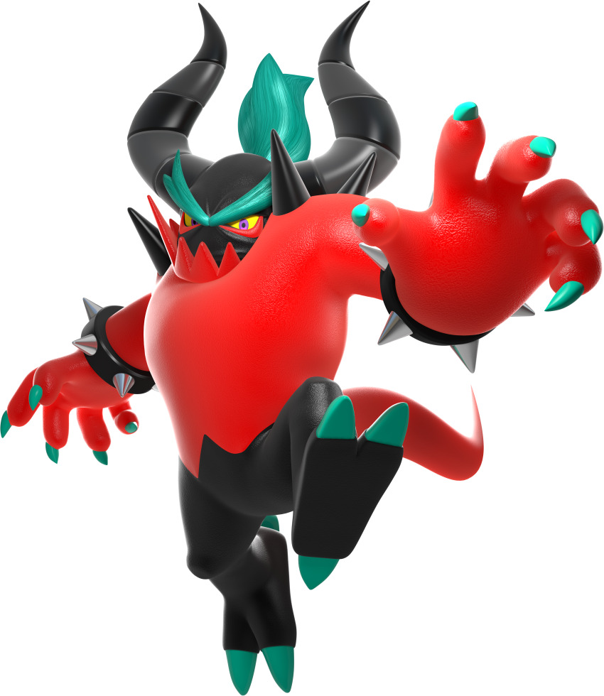 1boy 3d absurdres aqua_hair black_horns black_skin bracelet claws colored_sclera colored_skin demon_boy forked_eyebrows full_body grey_horns highres horns jewelry jumping leg_up lizard_tail looking_at_viewer male_focus mario_&amp;_sonic_(series) mario_&amp;_sonic_at_the_rio_2016_olympic_games multicolored_skin official_art purple_eyes reaching reaching_towards_viewer red_skin short_hair shoulder_spikes simple_background solo sonic_(series) spiked_bracelet spikes striped_horns tail thick_eyebrows third-party_source topknot transparent_background two-tone_skin v-shaped_eyebrows yellow_sclera zavok_(sonic)
