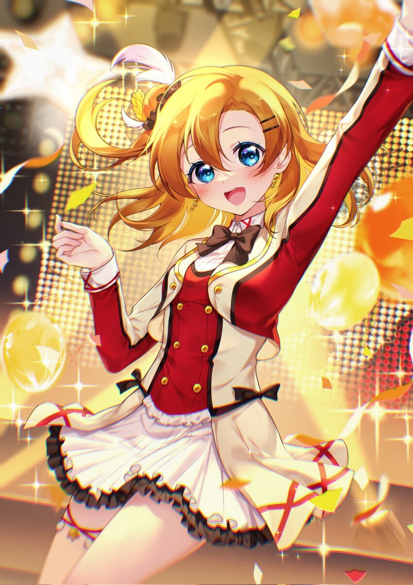1girl black_bow black_bowtie blue_eyes blush bow bowtie buttons collared_shirt cropped_jacket double-breasted earrings frills highres idol jacket jewelry kosaka_honoka long_sleeves love_live! love_live!_school_idol_project multicolored_jacket one_side_up open_mouth orange_hair overskirt red_jacket shirt short_hair skirt smile solo sore_wa_bokutachi_no_kiseki sparkle star_(symbol) starringooo white_jacket white_skirt