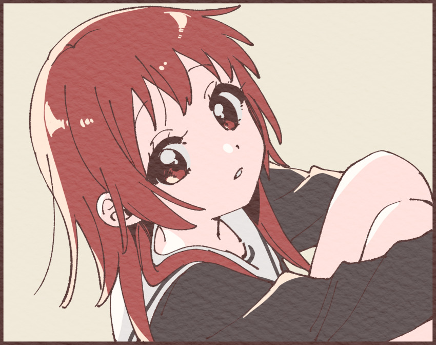 1girl black_border black_shirt border from_side grey_background highres hugging_own_legs knees_up looking_at_viewer medium_hair namori original paper_texture parted_lips red_eyes red_hair sailor_collar school_uniform serafuku shirt simple_background solo white_sailor_collar