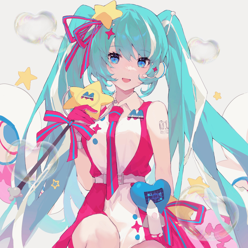 1girl aqua_hair arm_tattoo blue_eyes blue_necktie collared_dress commentary dress gloves gradient_hair grey_background hair_between_eyes hair_ornament hatsune_miku headset heart heart_bubbles highres initial kiduki long_hair looking_at_viewer magical_mirai_(vocaloid) magical_mirai_miku magical_mirai_miku_(2022) microphone_wand multicolored_hair necktie number_tattoo pink_dress pink_gloves pink_hair pink_necktie solo star_(symbol) star_hair_ornament streaked_hair tattoo twintails two-tone_gloves two-tone_necktie very_long_hair vocaloid white_dress white_gloves white_hair