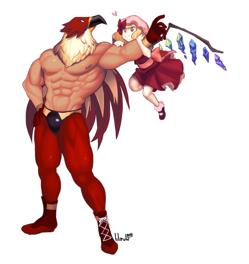 1boy 1girl absurdres ankle_boots arm_hug bare_pectorals blonde_hair blush boots bow crossover crystal dated demon_wings dress fatal_fury flandre_scarlet flying full_body garou:_mark_of_the_wolves tizoc_(snk) hat heart hetero highres holding_another&#039;s_arm hug lilirulu luchador m.u.g.e.n mask mob_cap muscular pectorals red_dress red_eyes red_footwear ribbon shoelaces side_ponytail signature simple_background size_difference smile snk spandex the_king_of_fighters the_king_of_fighters_2003 the_king_of_fighters_xi topless_male touhou vampire white_background wings wrestler wrestling_mask wrestling_outfit
