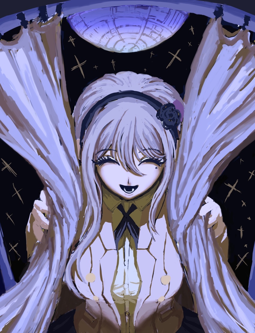 1girl black_background black_bow bow breasts closed_eyes eyelashes female_focus hair_between_eyes hair_bow hands_up highres jacket kashimiya_karua large_breasts mole mole_under_eye open_mouth solo solo_focus teeth the_hundred_line_-last_defense_academy- upper_body white_curtains white_hair white_jacket