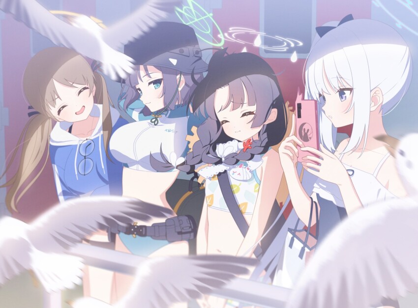 4girls animal bag bare_shoulders belt belt_pouch bikini bikini_bottom_only bird black_belt black_bikini black_hair black_hat black_ribbon blue_archive blue_bow blue_eyes blue_halo blue_jacket blue_one-piece_swimsuit blush bow braid breasts brown_hair bucket_hat cellphone closed_eyes closed_mouth collarbone day eyewear_hang facing_to_the_side flat_chest floating_hair frilled_one-piece_swimsuit frills glasses green_halo hair_bow hair_ribbon halo hat head_tilt holding holding_phone hood hooded_jacket jacket kaerunrun large_breasts leaf_print long_hair looking_ahead looking_at_viewer looking_to_the_side miyako_(blue_archive) miyako_(swimsuit)_(blue_archive) miyu_(blue_archive) miyu_(swimsuit)_(blue_archive) moe_(blue_archive) moe_(swimsuit)_(blue_archive) multiple_girls navel official_alternate_costume one-piece_swimsuit open_mouth outdoors phone pouch print_bikini purple_hair rabbit_platoon_(blue_archive) rash_guard ribbon round_eyewear saki_(blue_archive) saki_(swimsuit)_(blue_archive) seagull short_hair sidelocks smartphone smartphone_case smile swimsuit turning_head twin_braids twintails unworn_eyewear white_hair white_halo yellow_halo