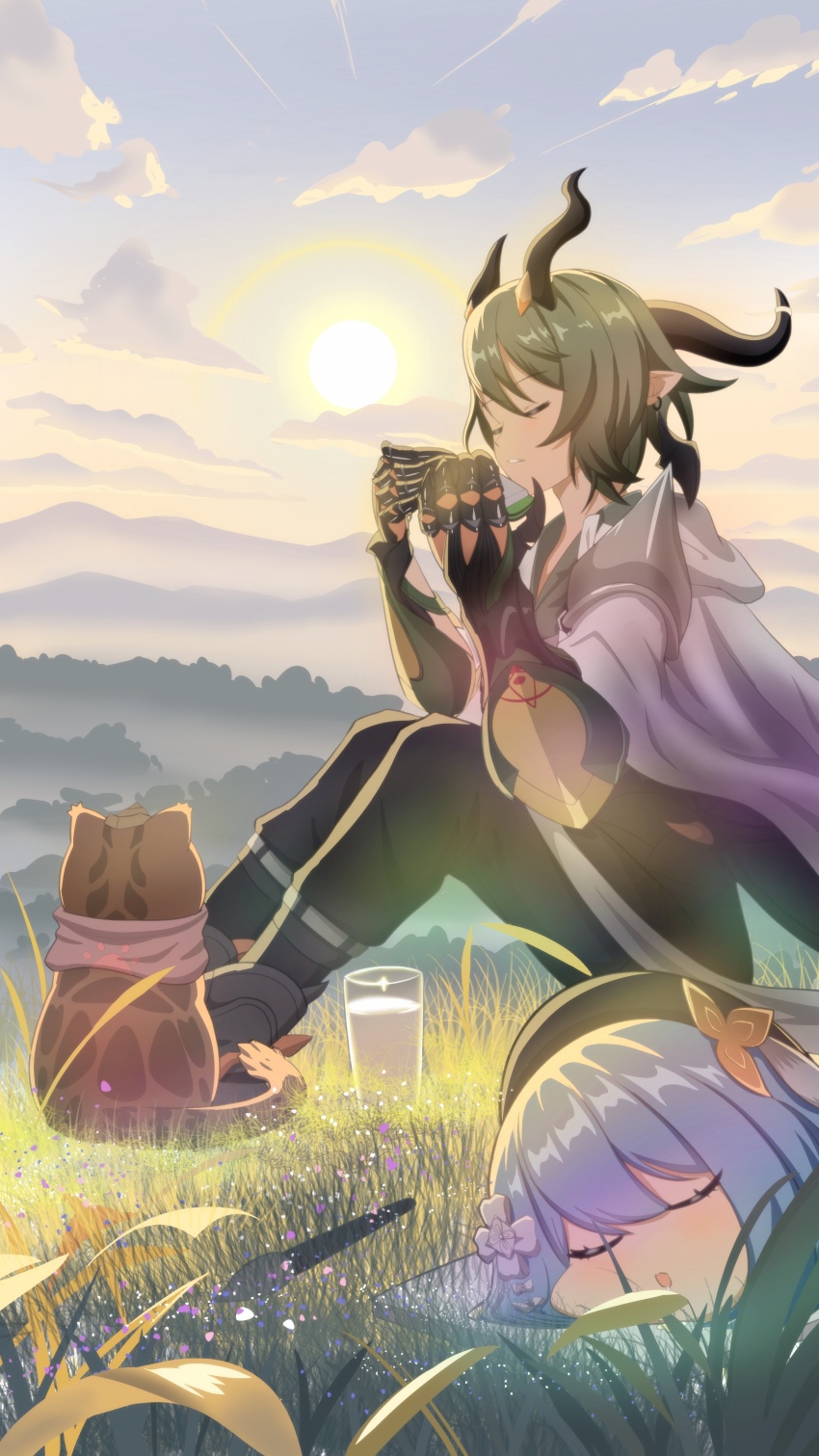 1boy 1girl absurdres armored_gloves beret black_horns black_pants blue_hair blue_sky can_(honkai_impact) cat chinese_commentary closed_eyes coat commentary_request cup drooling flower green_hair grey_coat griseo griseo_(starry_impression) hair_flower hair_ornament harmonica hat highres honkai_(series) honkai_impact_3rd horizon horns instrument kosma lin_the_world_painter lying milk music on_grass paintbrush pants paw_print playing_instrument pointy_ears scarf short_hair sitting sky sleeping sun