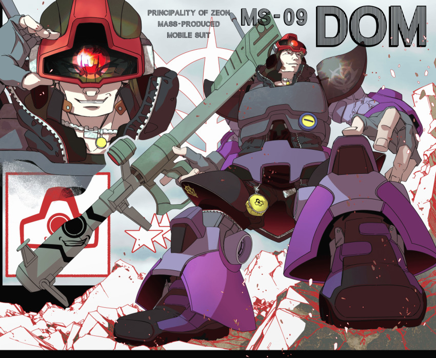 1boy 8823 armor armored_boots bazooka_(gundam) black_vest boots character_name commentary_request dom_(mobile_suit) fingerless_gloves full_body gloves green_hair grey_gloves grin gundam head-mounted_display highres holding holding_weapon humanization looking_at_viewer male_focus mecha_danshi mobile_suit_gundam multiple_views muscular muscular_male red_eyes rock science_fiction short_hair shoulder_armor smile star_(symbol) trigger_discipline v-shaped_eyebrows veins veiny_arms vest weapon zeon
