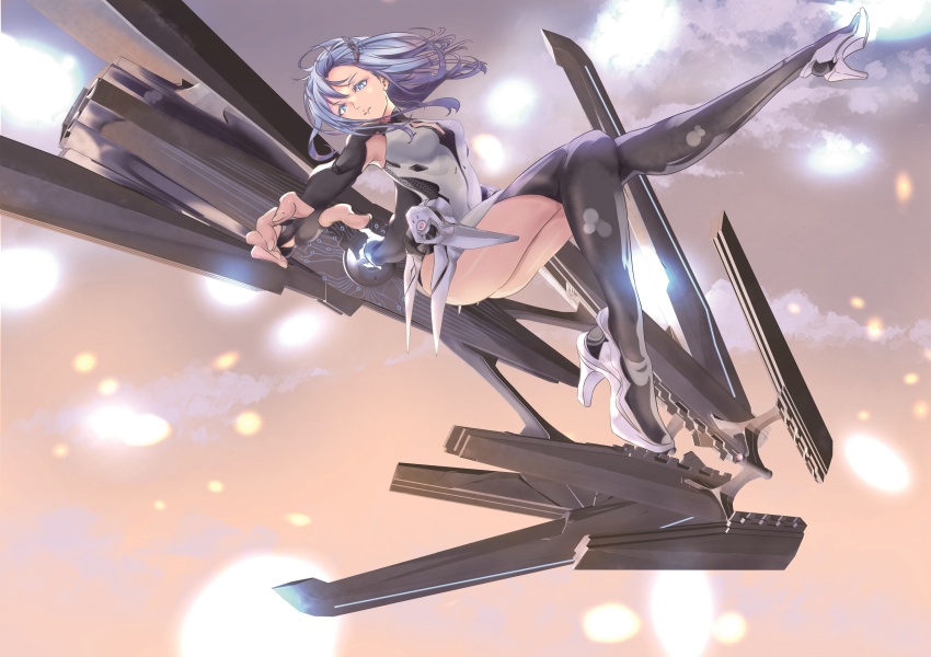 1girl android armpit_cutout ass beatless blue_eyes blue_hair bodysuit clothing_cutout device flipped_hair full_body gradient_background high_heels highres leg_up leicia long_hair lying mecha_musume on_back outstretched_arm parted_lips thighhighs thighs thumb_hole_sleeves turtleneck turtleneck_bodysuit uesugi_artbar weapon