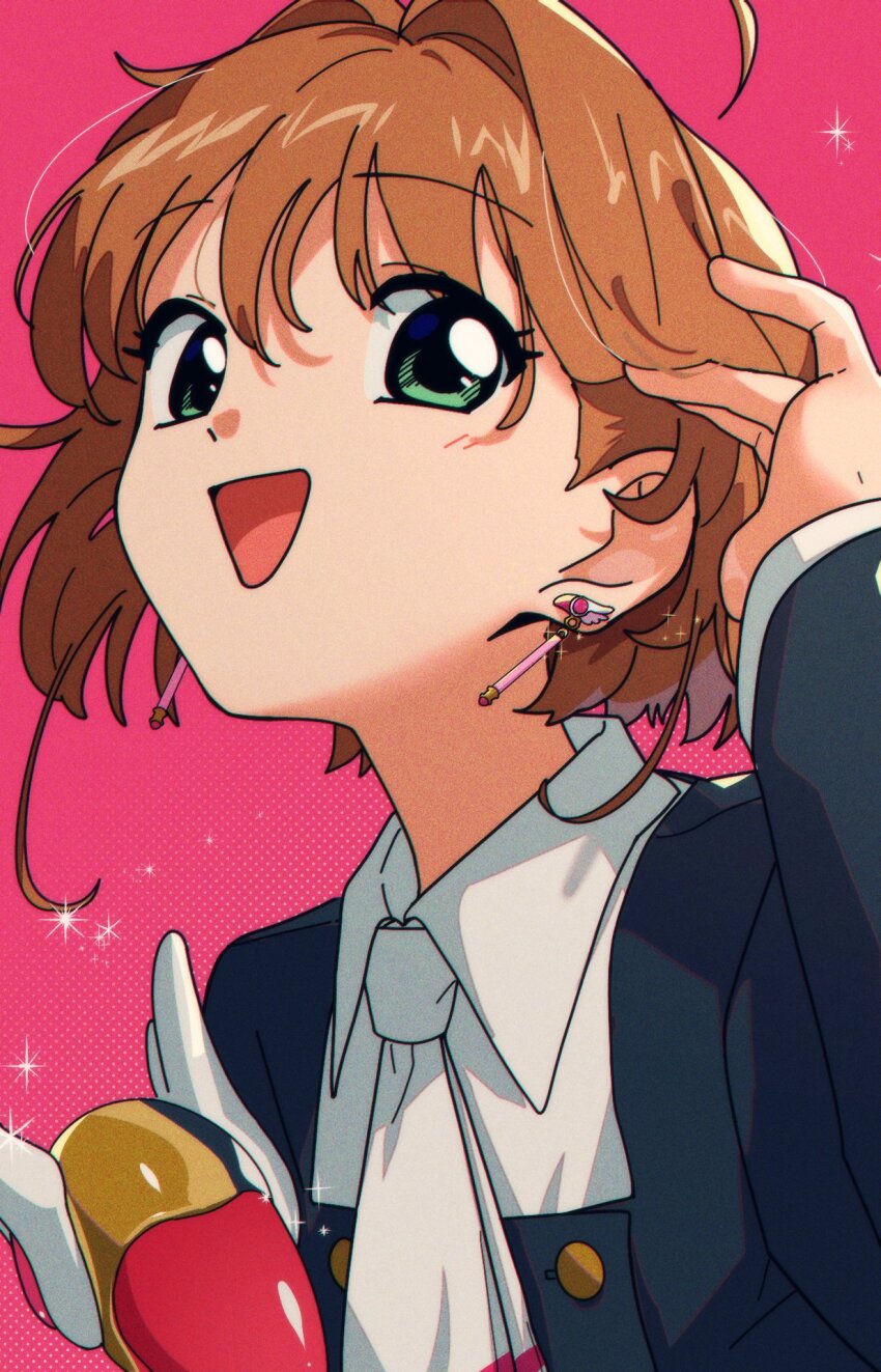 1girl brown_hair cardcaptor_sakura collared_shirt earrings green_eyes hair_between_eyes highres jewelry kinomoto_sakura magical_girl nzeneee open_mouth pink_background shirt short_hair simple_background smile solo sparkle upper_body wand