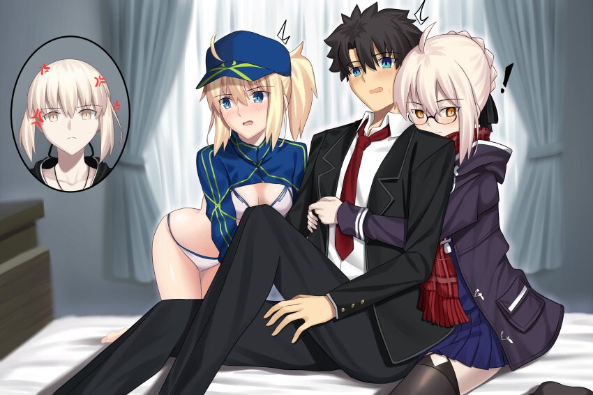 absurdres ahoge anger_vein artoria_pendragon_(fate) black_hair black_pants black_shirt blonde_hair blue_hat blue_skirt blush breasts fate/grand_order fate_(series) fujimaru_ritsuka_(male) glasses hair_bun hat hetero highres hug hug_from_behind large_breasts leggings longdq3008 mysterious_heroine_x_(fate) mysterious_heroine_x_alter_(fate) mysterious_heroine_xx_(fate) necktie on_bed open_mouth pants ponytail red_scarf saber_alter scarf school_uniform shirt short_hair short_ponytail skirt swimsuit white_hair white_shirt yellow_eyes