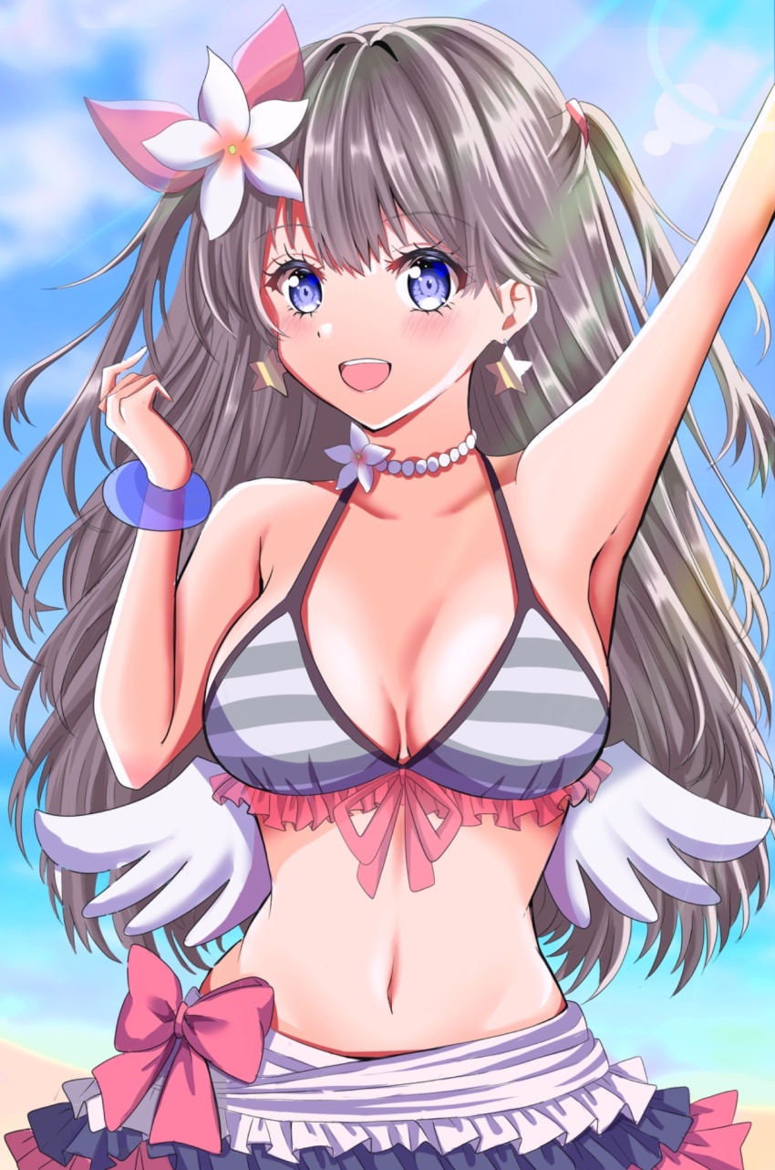 1girl :d arm_up armpits bikini bikini_skirt blue_sky breasts brown_hair cloud collarbone cosplay day earrings fake_wings flower fujishima_megumi grey_bikini hair_flower hair_ornament highres jewelry large_breasts link!_like!_love_live! long_hair love_live! love_live!_school_idol_project low_wings maymaru natsuiro_egao_de_1_2_jump! navel official_alternate_costume open_mouth purple_eyes sky smile solo star_(symbol) star_earrings stomach swimsuit teeth two_side_up upper_body upper_teeth_only virtual_youtuber white_flower white_wings wings yazawa_nico yazawa_nico_(cosplay)