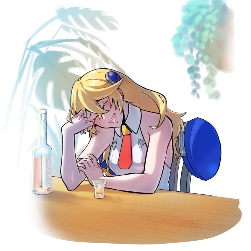 1girl alcohol blazblue blonde_hair blue_hat blush closed_eyes commentary commission cup english_commentary hair_between_eyes hat highres long_hair noel_vermillion open_mouth sleeveless solo twitter_username unworn_headwear upper_body wistwhistley