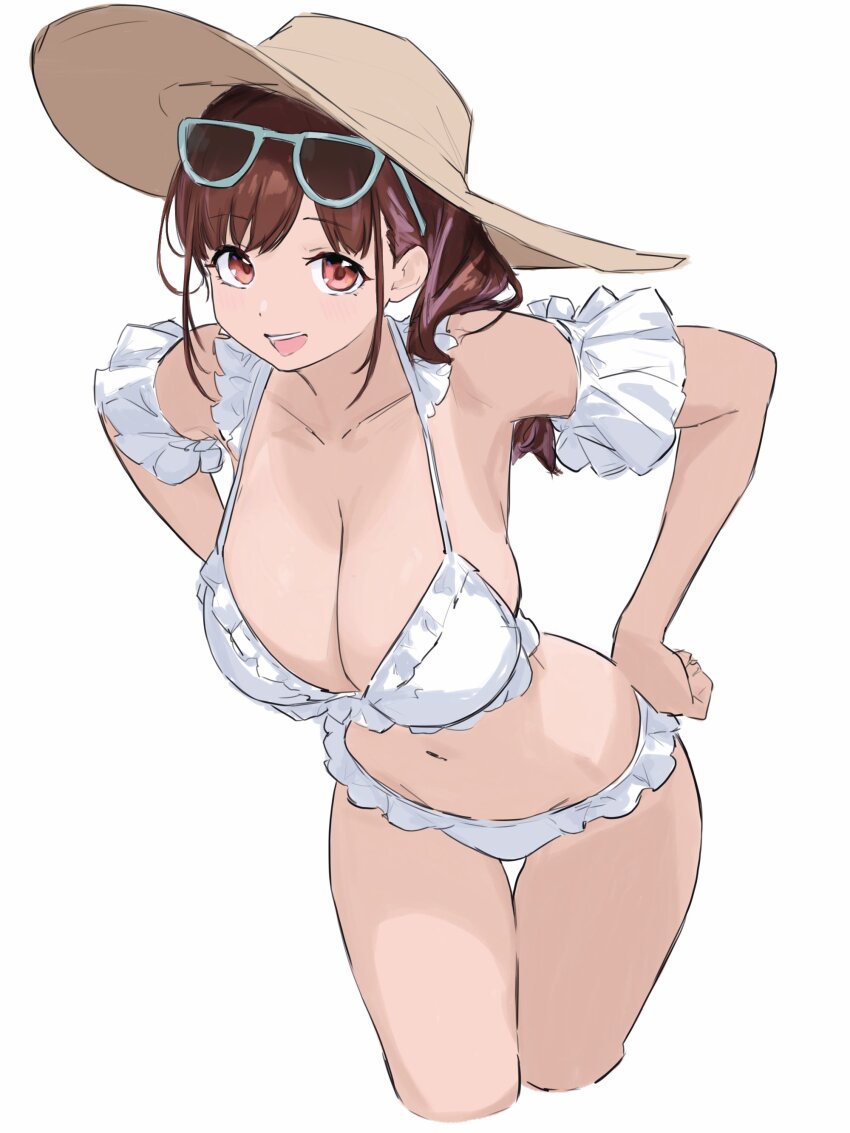 1girl absurdres bikini breasts brown_eyes brown_hair cleavage cobwvmeti collarbone detached_sleeves eyewear_on_head frilled_bikini frills hand_on_own_hip hat highres idolmaster idolmaster_shiny_colors large_breasts leaning_forward long_hair looking_at_viewer navel open_mouth simple_background smile solo sonoda_chiyoko standing sun_hat sunglasses swimsuit white_background white_bikini