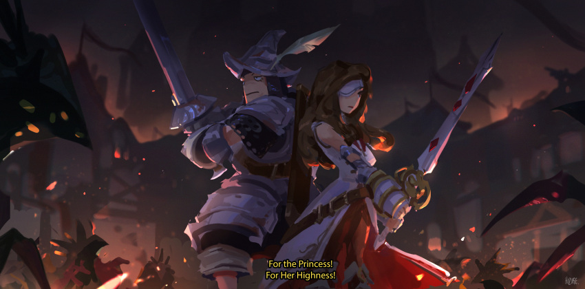 1boy 1girl absurdres adelbert_steiner armor back-to-back beatrix_(ff9) curly_hair embers eyepatch fighting_stance final_fantasy final_fantasy_ix fire gloves hat_feather highres holding holding_sword holding_weapon hozure monster plate_armor save_the_queen scabbard sheath sword weapon