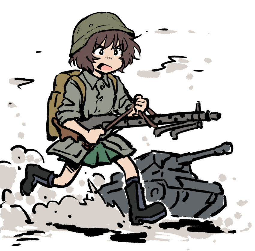 1girl akiyama_yukari alternate_costume backpack bag black_boots black_eyes boots brown_bag brown_hair charging_forward collared_jacket combat_helmet dust_cloud full_body girls_und_panzer green_skirt grey_jacket gun helmet henriiku_(ahemaru) holding holding_gun holding_weapon jacket knee_boots machine_gun mg34 military_uniform military_vehicle motor_vehicle open_mouth pleated_skirt running short_hair simple_background skirt sleeves_rolled_up solo tank v-shaped_eyebrows weapon white_background