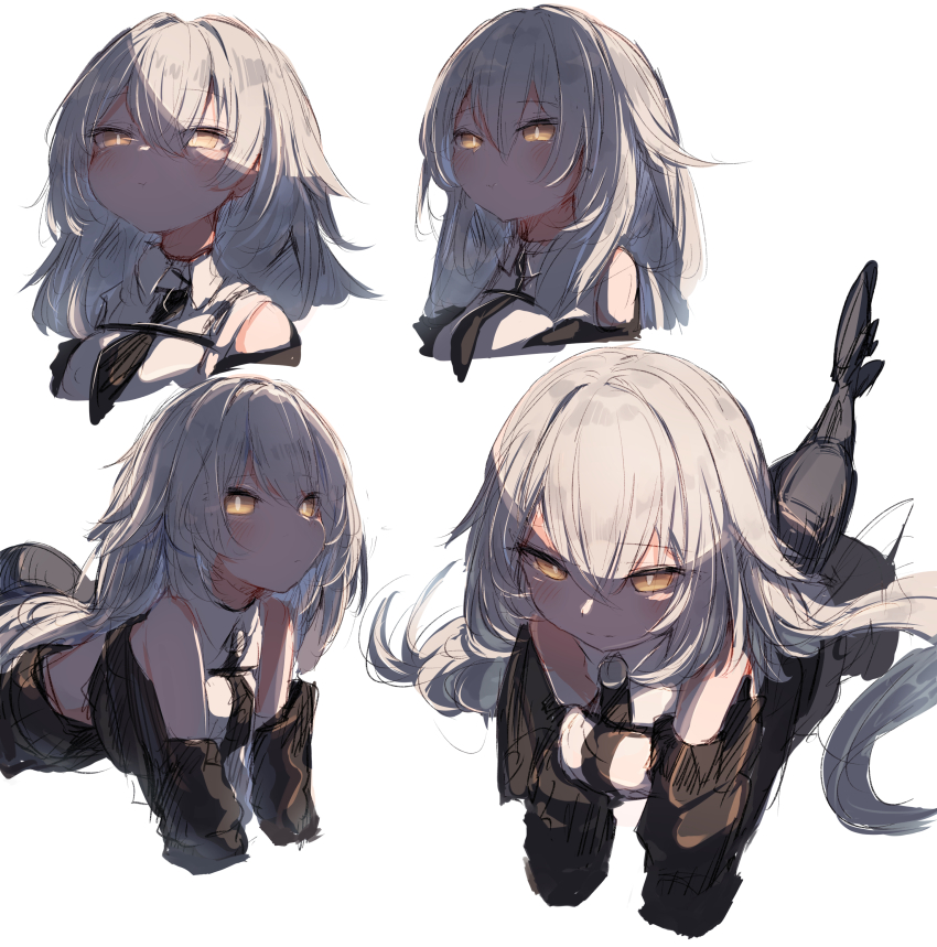 1girl absurdres all_fours bare_shoulders black_jacket black_necktie black_sleeves blush breasts chest_harness closed_mouth collared_shirt cropped_torso detached_sleeves expressionless fins fish_tail grey_hair hair_between_eyes harness highres jacket long_hair long_sleeves looking_at_viewer lying medium_breasts mok4suke multiple_views necktie off_shoulder on_stomach rurune_(vrchat) shark_girl shark_tail shirt sidelocks simple_background sketch sleeveless sleeveless_shirt tail upper_body very_long_hair vrchat white_background white_hair white_shirt yellow_eyes