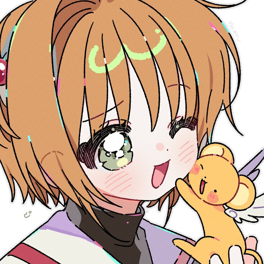 1girl blush brown_hair cardcaptor_sakura child green_eyes highres kero_(cardcaptor_sakura) kinomoto_sakura one_eye_closed open_mouth sailor_collar school_uniform short_hair simple_background solo tomoeda_elementary_school_uniform white_background white_sailor_collar yalmyu