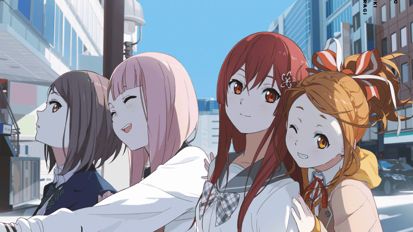 22/7 22/7_ongaku_no_jikan 4girls bow bowtie braid brown_eyes brown_hair center-flap_bangs clenched_teeth closed_eyes closed_mouth flower game_cg grey_eyes grey_hair hair_bow hair_flower hair_ornament hair_ribbon high_ponytail highres hiiragi_tsubomi kamiki_mikami kono_miyako long_hair long_sleeves looking_at_viewer medium_hair multiple_girls non-web_source official_art one_eye_closed open_mouth outdoors parted_lips pink_hair plaid_bow plaid_bowtie plaid_clothes ponytail red_eyes red_hair ribbon sato_reika school_uniform serafuku shirt sidelocks single_braid single_sidelock smile straight_hair teeth uki_atsuya upper_teeth_only white_flower white_shirt