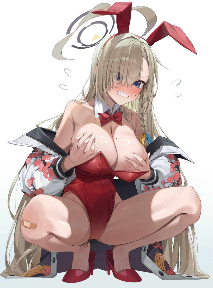 1girl absurdres ahoge alternate_costume alternate_hairstyle animal_ear_hairband animal_ears asuna_(blue_archive) bandaid bandaid_on_knee bandaid_on_leg bare_shoulders black_halo black_jacket blonde_hair blue_archive blue_eyes blush bow bowtie braid breasts cleavage clenched_teeth cosplay detached_collar fake_animal_ears floral_print grabbing_own_breast hair_over_one_eye hairband halo high_heels highleg highleg_leotard highres huge_ahoge huge_breasts jacket large_breasts leotard long_hair mole mole_on_breast neru_(blue_archive) neru_(blue_archive)_(cosplay) neru_(bunny)_(blue_archive) playboy_bunny rabbit_ear_hairband rabbit_ears red_bow red_bowtie red_hairband red_leotard red_shoes shoes single_braid solo squatting strapless strapless_leotard sukajan teeth um_111 very_long_hair white_sleeves