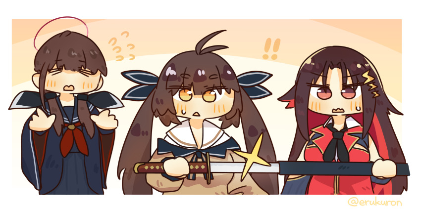 ! !! 3girls antenna_hair black_ribbon blue_serafuku blue_skirt breasts brown_eyes brown_hair brown_jacket closed_eyes commission flying_sweatdrops girls&#039;_frontline halo hands_up highres holding holding_sword holding_weapon jacket lcron long_sleeves looking_at_object m14_(girls&#039;_frontline) m21_(girls&#039;_frontline) medium_breasts multiple_girls off_shoulder ohitome_kohane pixiv_commission project_kv red_halo red_jacket red_ribbon ribbon school_uniform serafuku sheath skirt sleeveless sleeveless_jacket sparkle sweatdrop sword triangle_mouth twintails unsheathing upper_body weapon yellow_eyes