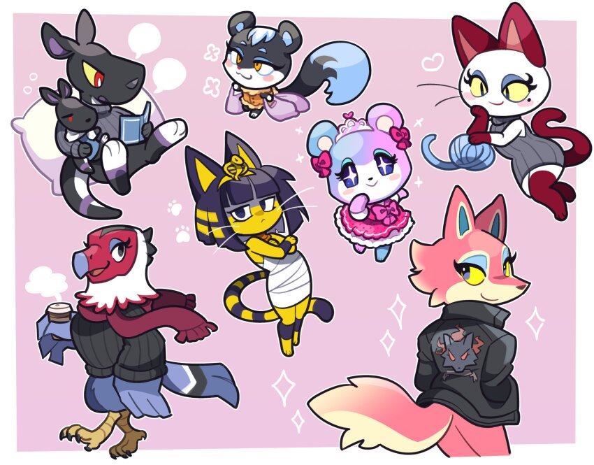 amelia_(animal_crossing) animal_crossing animal_ears animal_hands ankha_(animal_crossing) back bag bandages bear bear_girl biker_clothes bikesuit bird bird_girl black_eyes black_hair black_jacket black_skin blank_speech_bubble blue_eyes blue_skin bodysuit border bright_pupils cat cat_girl claws colored_sclera colored_skin crossed_arms cub cup disposable_coffee_cup disposable_cup eagle eyelashes flower freya_(animal_crossing) hair_ornament heart highres holding holding_bag jacket judy_(animal_crossing) kangaroo kangaroo_girl long_sleeves loveycloud mathilda_(animal_crossing) multicolored_skin nintendo olivia_(animal_crossing) pawpads pillow pink_background pink_ribbon pink_skin print_jacket purple_skin reading red_eyes red_scarf red_skin ribbon scarf simple_background sitting sitting_on_pillow sleeveless snake_hair_ornament sparkle speech_bubble squirrel squirrel_girl steam tail talons tasha_(animal_crossing) tiara white_border white_pupils white_skin wings wolf wolf_girl yarn yarn_ball yellow_eyes yellow_skin