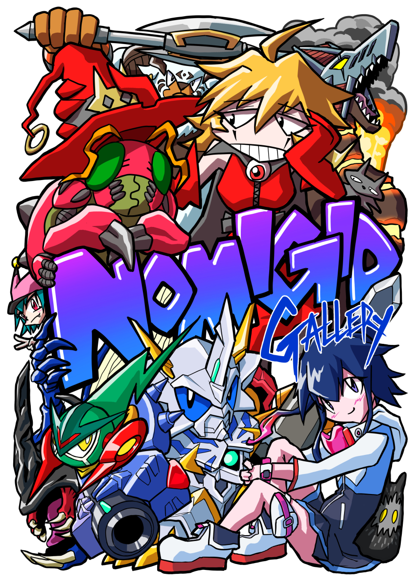 3girls absurdres ahoge antennae arm_cannon artist_name axe blizzarmon blonde_hair blue_eyes blue_hair blush bug chibi commentary_request compound_eyes digimon digimon_(creature) digimon_universe:_appli_monsters digimon_world_-next_0rder- fang goggles goggles_around_neck hat highres holding holding_axe kabuterimon multiple_girls multiple_heads navimon_(appmon) navimon_(digimon) nomigid omegamon_x-antibody on_ground pink-tinted_eyewear pink_hat purple_eyes red_hat robot sharp_teeth shiki_(digimon_world_-next_0rder-) sitting standing teeth tentomon tinted_eyewear volcdramon weapon white_background white_fur witch witch_hat witchmon