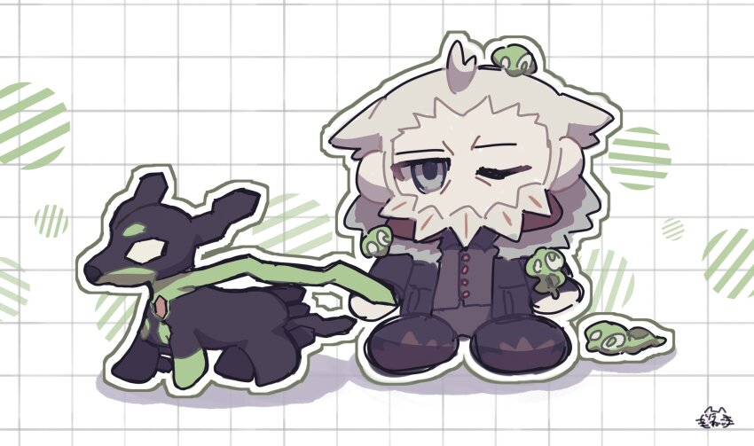 1boy 3q_vbp_poke beard black_coat black_pants chibi chibi_only coat dog facial_hair fur-trimmed_coat fur-trimmed_hood fur_trim gen_6_pokemon green_eyes grey_eyes grey_hair highres hood jacket l_(pokemon) legendary_pokemon long_sleeves nintendo on_head on_shoulder one_eye_closed open_clothes open_coat pants pokemon pokemon_(creature) pokemon_legends:_z-a pokemon_on_head pokemon_on_shoulder shirt shoes short_hair simple_background white_hair zygarde zygarde_(10) zygarde_cell zygarde_core