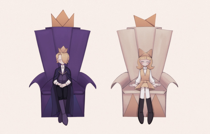 1boy 1girl ^_^ belt belt_buckle black_boots black_pants blonde_hair boots brother_and_sister buckle cape closed_eyes collared_shirt collared_vest crossed_ankles crown dress gold_crown hair_over_one_eye hand_on_hand hands_on_lap happy hat high_collar highres king_olly knee_boots light_blush long_hair long_sleeves mario_(series) nintendo no_mouth olivia_(paper_mario) own_hands_together pants paper_mario paper_mario:_the_origami_king personification pinafore_dress pleated_dress purple_boots purple_cape purple_vest shirt short_dress short_hair siblings simple_background sitting sitting_on_throne sleeveless sleeveless_dress throne uchuuko v-neck vest white_background white_shirt yellow_belt yellow_dress yellow_hat