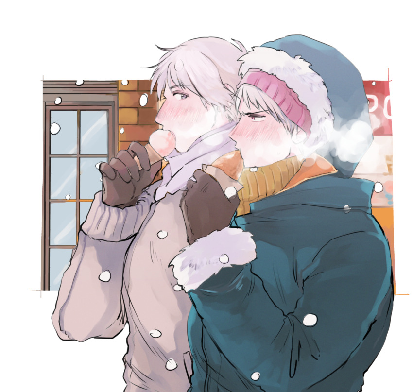 2boys axis_powers_hetalia blue_jacket blush bun_(food) coat commentary_request eating food fur-trimmed_hood fur-trimmed_sleeves fur_trim goro_nyanko grey_coat grey_hair grey_scarf hair_between_eyes hand_up hat holding holding_food holding_ice_cream hood hooded_jacket ice_cream jacket long_sleeves looking_afar looking_at_another male_focus multiple_boys pink_hat prussia_(hetalia) purple_eyes red_eyes russia_(hetalia) scarf short_hair snowing steam sweater turtleneck turtleneck_sweater upper_body window winter_clothes yellow_sweater