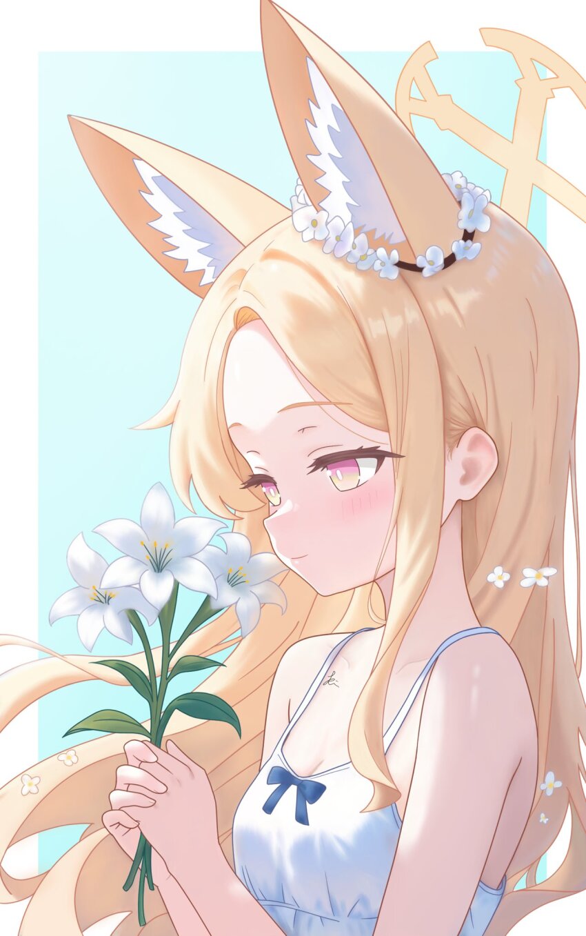 1girl alternate_costume animal_ear_fluff animal_ears aqua_background bare_shoulders blonde_hair blue_archive blue_bow blush border bow breasts bright_pupils camisole cleavage closed_mouth commentary_request cross_halo eyelashes floating_hair flower forehead fox_ears fox_girl hair_flower hair_ornament halo highres holding holding_flower long_hair looking_at_flowers multicolored_eyes outside_border parted_bangs pink_eyes rin_(rin0214tw) seia_(blue_archive) sidelighting sidelocks signature simple_background small_breasts smile solo two-tone_eyes upper_body very_long_hair white_border white_camisole white_flower white_pupils yellow_eyes yellow_halo