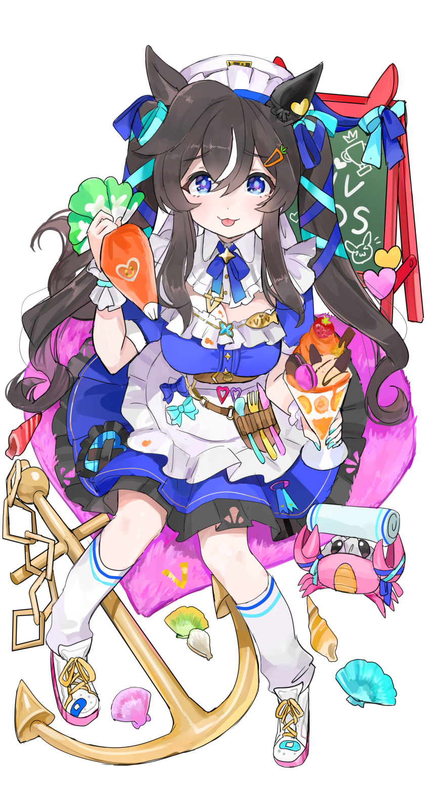 1girl :3 absurdres alternate_costume anchor animal_ears apron belt black_hair blue_dress blue_eyes bow bowtie breasts closed_mouth crab cup detached_collar dress food full_body hair_ornament hair_ribbon hairclip hat highres holding holding_cup holding_pastry_bag horse_ears horse_girl horse_tail ice_cream kik1 long_hair looking_at_viewer maid_headdress menu_board multicolored_hair pastry_bag ribbon seashell shell shoes sitting small_breasts sneakers socks solo streaked_hair sundae tail tongue tongue_out twintails umamusume very_long_hair vivlos_(umamusume) waist_apron white_hat white_socks wrist_cuffs
