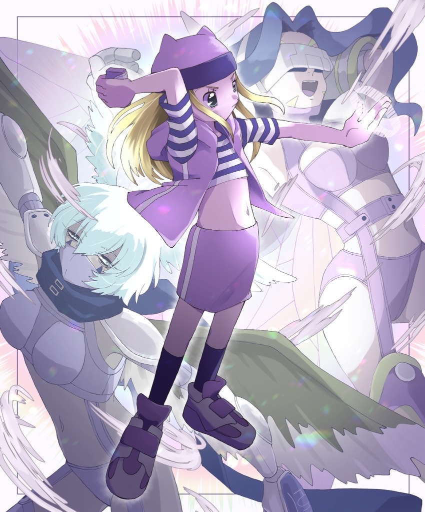 3girls :d arm_up armpits arms_up belt bikini black_scarf blonde_hair blue_eyes blue_hair boots border breasts butterfly_hair_ornament butterfly_wings claws cleavage closed_mouth commentary_request covered_eyes crop_top cropped_shirt digimon digimon_(creature) digimon_frontier digivice facial_mark fairimon feathered_wings full_body garter_straps gloves green_eyes hair_between_eyes hair_ornament hair_wings hairband hat highres hood hood_down hooded_vest hoodie insect_wings kneehighs long_hair looking_at_viewer mask medium_breasts midriff mouth_mask multiple_girls navel open_mouth orimoto_izumi outstretched_arms parted_bangs purple_belt purple_bikini purple_footwear purple_hair purple_hairband purple_headwear purple_legwear purple_skirt purple_vest revealing_clothes scarf shirt shoes short_sleeves shoulder_pads shutumon sidelocks skirt smile sneakers socks standing striped_clothes striped_shirt swimsuit takeda_conomi teeth thigh_boots thighhighs upper_teeth_only vest visor white_background wings