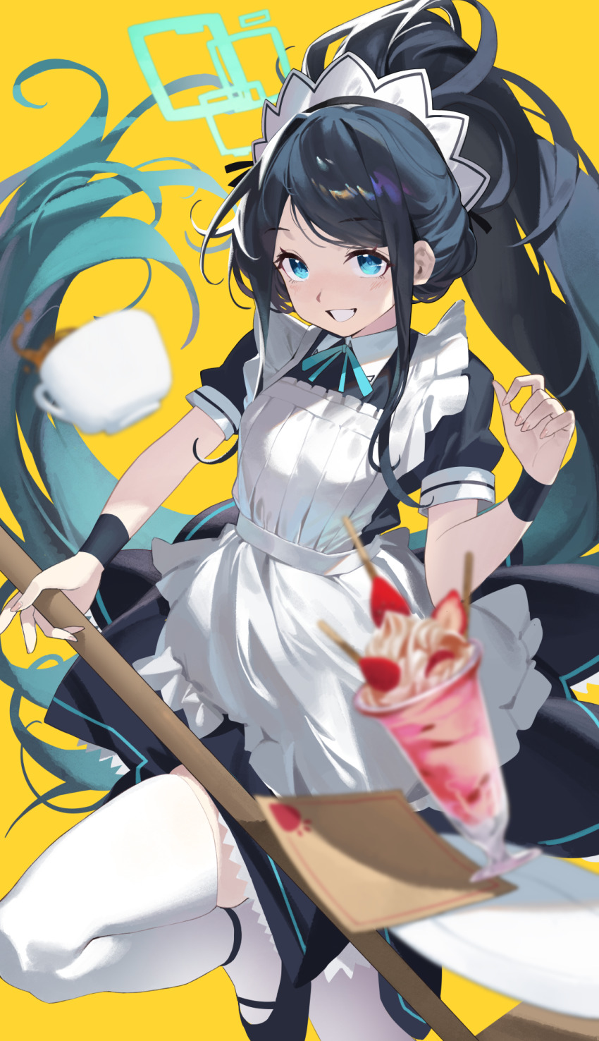 1girl absurdly_long_hair apron aqua_halo aris_(blue_archive) aris_(maid)_(blue_archive) black_dress black_hair blue_archive blue_eyes cup dress food green_halo halo highres holding holding_mop long_hair looking_at_viewer maid maid_apron maid_headdress mop mug official_alternate_costume parfait ponytail puffy_short_sleeves puffy_sleeves ramuri short_sleeves smile strawberry_parfait thighhighs very_long_hair white_apron white_thighhighs