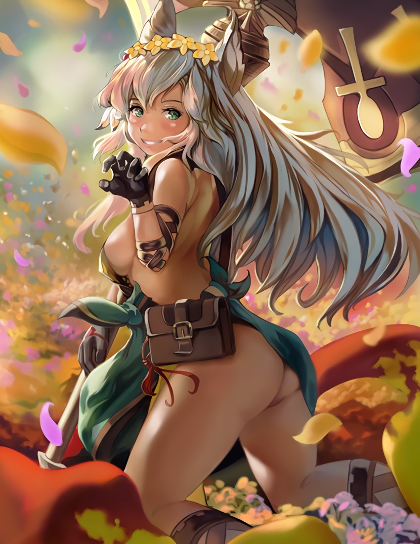 10s 1girl animal_ears ass axe black_gloves blush breasts claw_pose comic-z dark_skin dark-skinned_female erune female_focus flower from_behind gloves granblue_fantasy green_eyes hair_flower hair_ornament highres kneeling long_hair looking_at_viewer looking_back medium_breasts nemone sideboob silver_hair smile solo waifu2x weapon