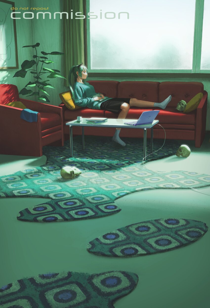 1girl commission computer couch expressionless full_body green_hair highres indoors kanikumi_toi laptop long_hair lying on_back original plant potted_plant profile shorts skull solo sweater twintails window