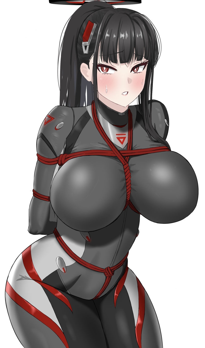 1girl absurdres arms_behind_back black_hair blue_archive blush bodysuit breasts hair_ornament halo highres large_breasts long_hair parted_lips ponytail prabarp red_eyes ringed_eyes rio_(blue_archive) rio_(bodysuit)_(blue_archive) shibari simple_background solo sweatdrop white_background