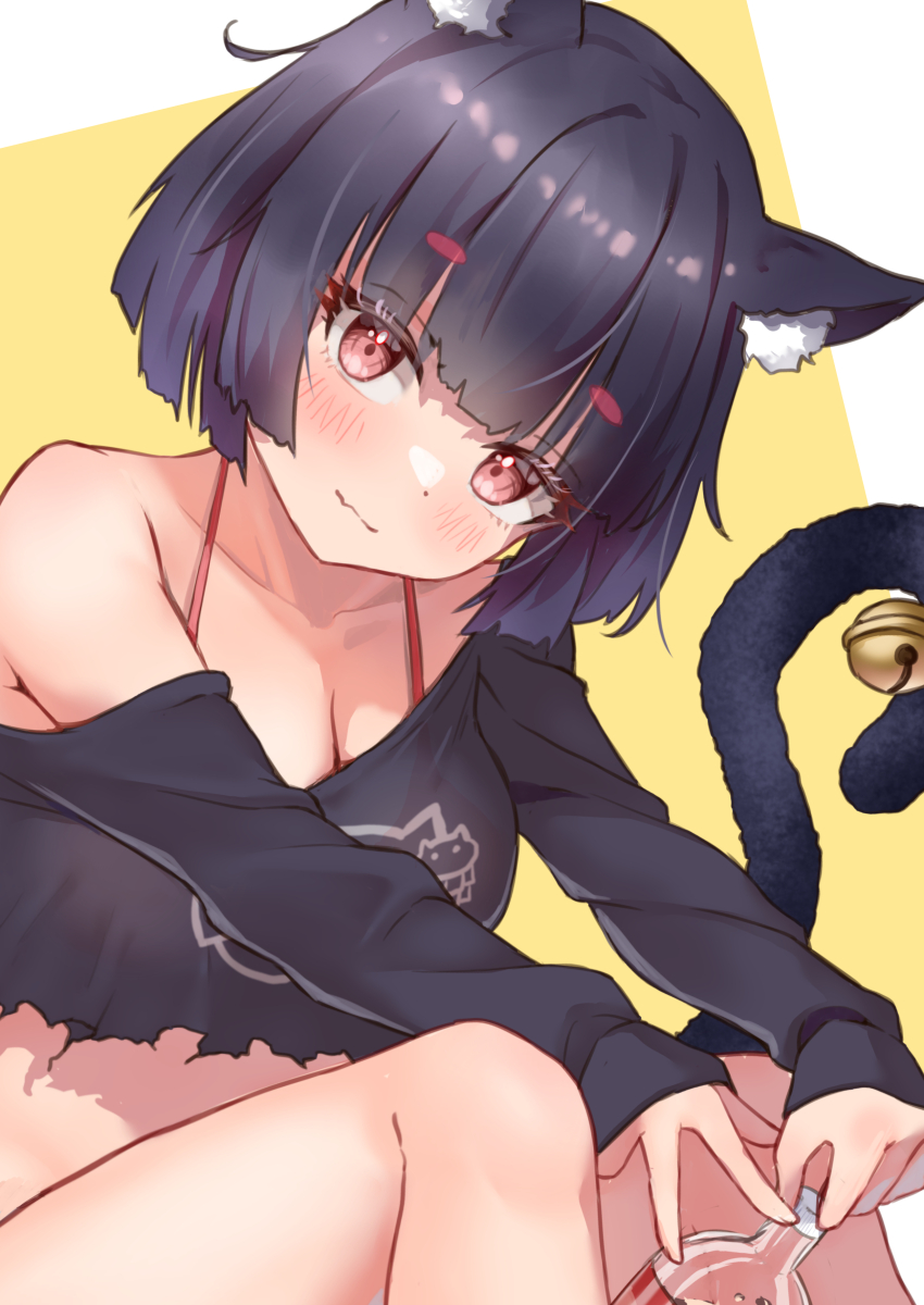 1girl absurdres animal_ears ass azur_lane bare_shoulders bell belt black_hair black_shirt black_shorts blunt_bangs breasts cat_ears cat_girl cat_tail classic_(zildjian33) cleavage cola collarbone commentary_request denim denim_shorts eyes_visible_through_hair head_tilt highres long_sleeves looking_at_viewer medium_breasts midriff official_alternate_costume panties panty_peek red_eyes revision shirt short_hair short_shorts shorts sidelocks simple_background sitting smile soda_bottle solo spaghetti_strap tail tail_bell tail_ornament thick_eyebrows two-tone_background underwear yamashiro_(azur_lane) yamashiro_(vacation_offensive!)_(azur_lane)