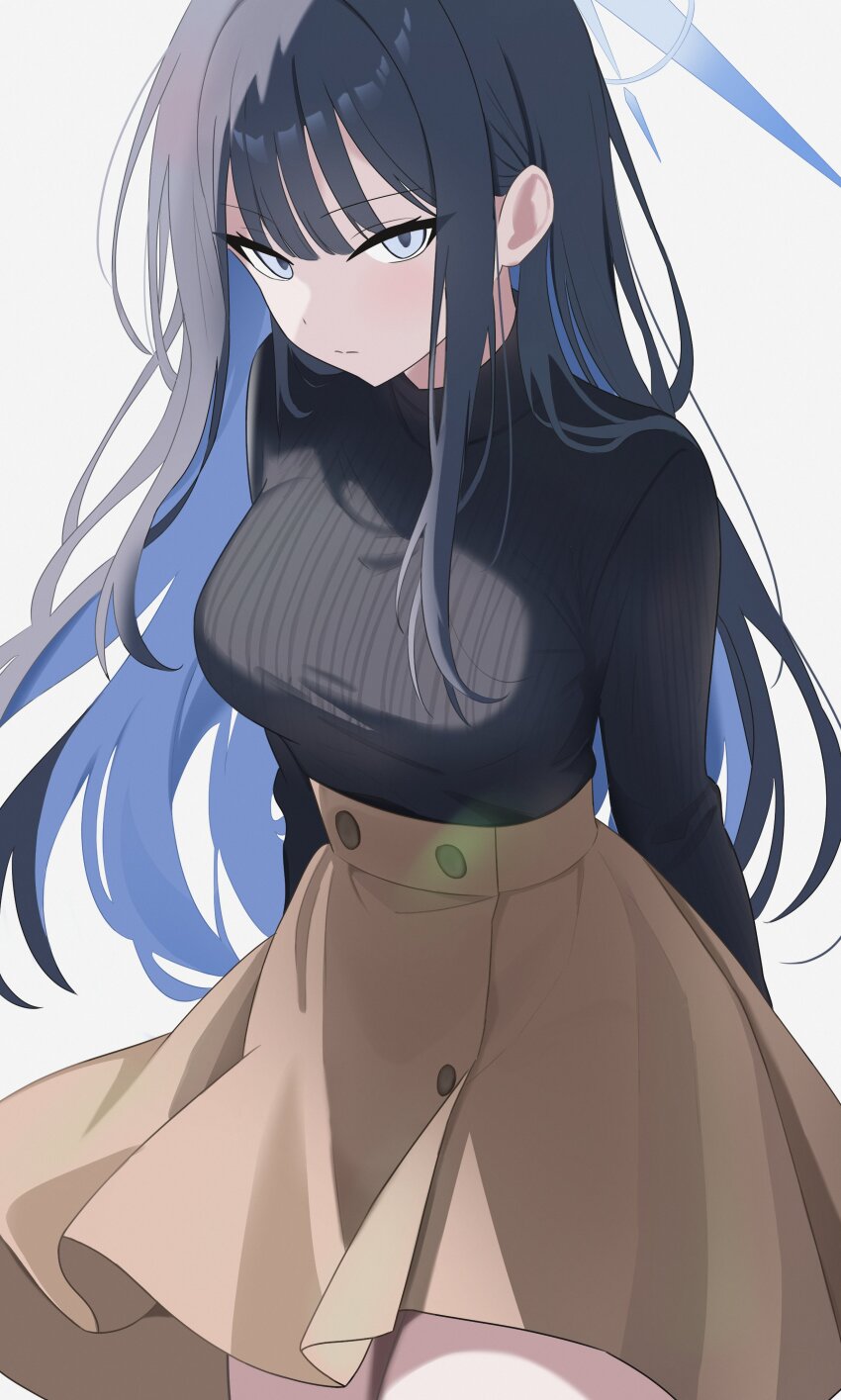1girl absurdres arms_behind_back black_hair black_shirt blue_archive blue_eyes blue_hair blue_nns09 brown_skirt closed_mouth floating_hair grey_background halo highres looking_to_the_side saori_(blue_archive) shirt sidelocks skirt standing