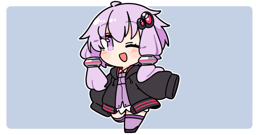 1girl ;d black_hoodie black_shoes blue_background blush border chibi chibi_only dress full_body hair_ornament hood hoodie ini_(inunabe00) long_sleeves looking_at_viewer one_eye_closed open_clothes open_hoodie open_mouth outline outside_border purple_dress purple_hair purple_thighhighs shoes short_hair_with_long_locks simple_background sleeves_past_fingers sleeves_past_wrists smile solo standing thighhighs vocaloid voiceroid white_border white_outline yuzuki_yukari
