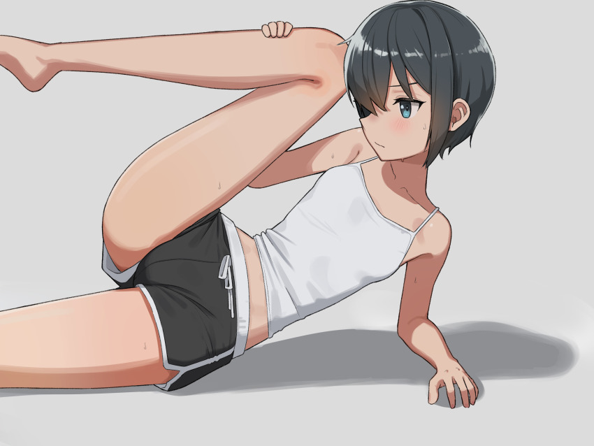 1girl absurdres akts625 barefoot black_hair blue_eyes breasts camisole commentary dolphin_shorts highres holding_own_leg kino_(kino_no_tabi) kino_no_tabi leg_up looking_to_the_side short_hair short_shorts shorts small_breasts solo stretching sweat