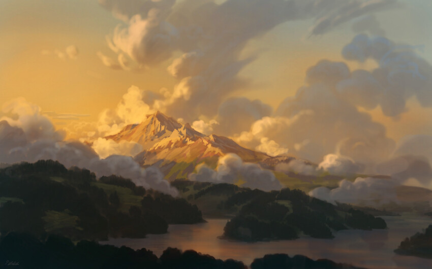 absurdres blue_sky cloud commentary english_commentary evening fog gradient_sky highres hill krita_(medium) landscape mountain nature no_humans orange_sky original outdoors philipp_urlich reflection reflective_water river scenery signature sky sunlight tree water