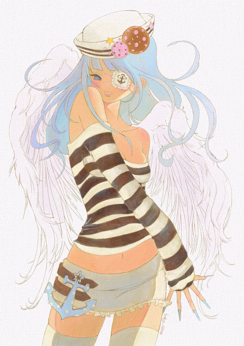 1girl aiyuni anchor anchor_print angel_wings arm_behind_back artist_name blue_eyes blue_eyeshadow blue_hair blue_nails blush breasts button_hair_ornament choppy_bangs cleavage collarbone cowboy_shot dixie_cup_hat double_horizontal_stripe eyepatch eyeshadow fashion fingernails floating_hair frilled_eyepatch frilled_skirt frills hat hat_ornament head_on_own_shoulder highres large_buttons long_fingernails long_hair long_sleeves makeup medical_eyepatch medium_breasts midriff military_hat miniskirt modeling navel no_nose no_sclera off-shoulder_shirt off_shoulder open_hand original pink_lips polka_dot shadow shirt simple_background skirt sleeves_past_wrists smile star_(symbol) star_hat_ornament striped_clothes striped_shirt tan teeth thighhighs two-tone_shirt very_long_fingernails white_background white_skirt white_thighhighs wings
