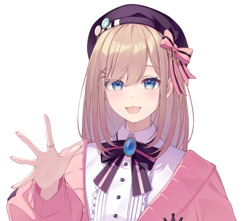 1girl :3 absurdres aqua_eyes badge beret blue_gemstone blush bokuhakiyoshi bow bowtie brown_hair button_badge cardigan center_frills collared_shirt fingernails frills gem hair_ornament hairclip hashtag-only_commentary hat hat_bow highres jewelry long_sleeves looking_at_viewer medium_hair nail_polish nijisanji open_mouth pink_bow pink_bowtie pink_cardigan pink_nails purple_bow purple_bowtie purple_hat ring salute shirt simple_background smile solo striped_bow striped_bowtie striped_clothes suzuhara_lulu suzuhara_lulu_(1st_costume) swept_bangs two-tone_bow two-tone_bowtie virtual_youtuber white_background white_shirt