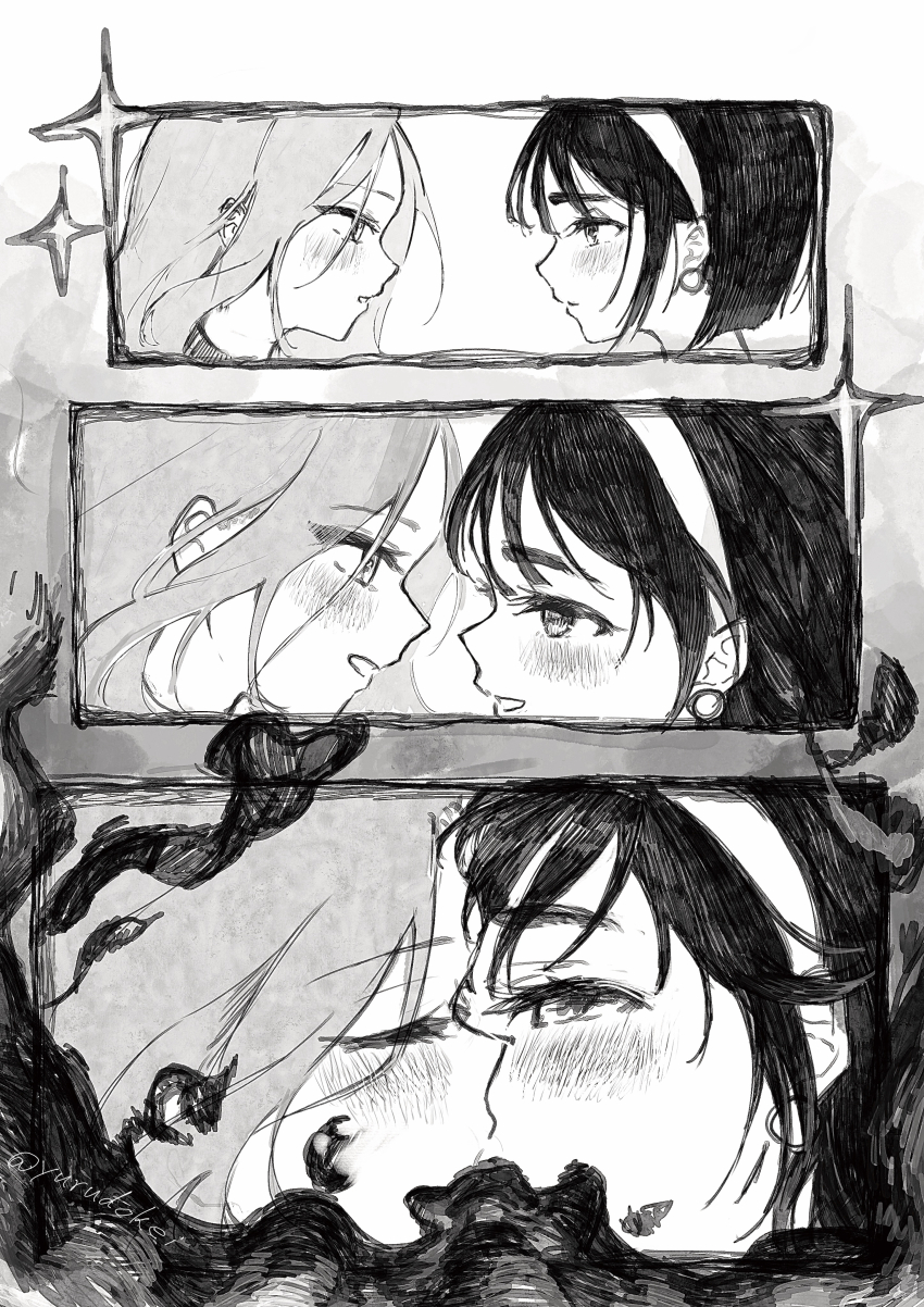 2girls absurdres alien_stage bob_cut closed_eyes commentary earrings greyscale hairband highres jewelry kiss mizi_(alien_stage) monochrome multiple_girls short_hair smile sparkle sua_(alien_stage) yuri yurudokei