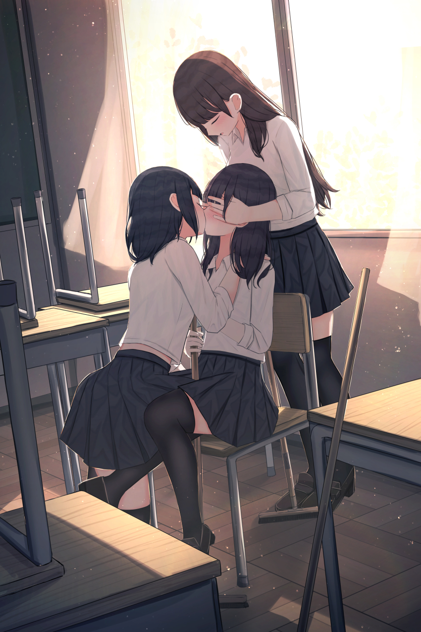 3girls absurdres benevole black_hair black_skirt black_thighhighs blush brown_hair chair classroom closed_eyes commentary_request covering_another&#039;s_eyes desk highres indoors kiss multiple_girls original pleated_skirt school_chair school_desk school_uniform shirt skirt thighhighs white_shirt yuri