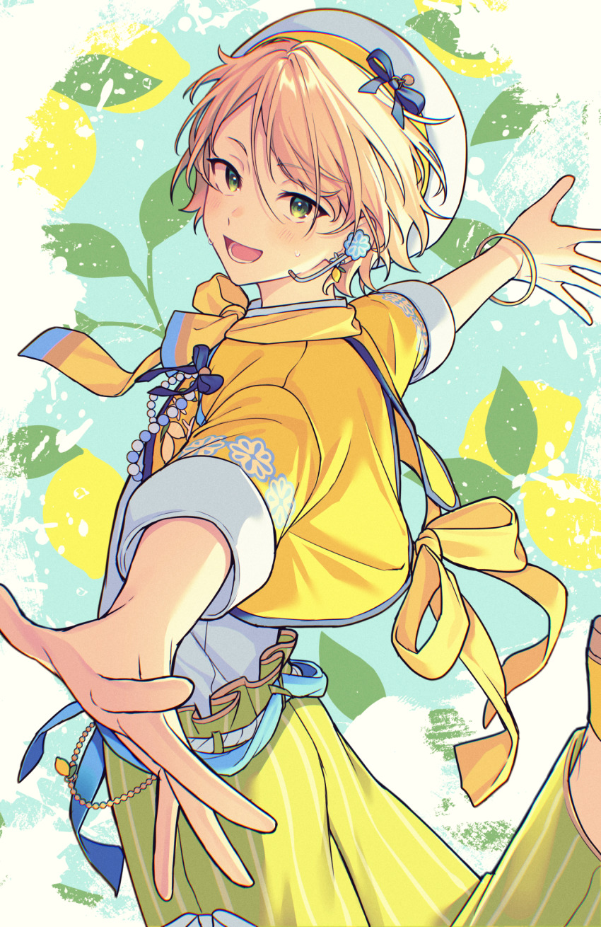 1boy back_bow belt beret blonde_hair blue_background blue_belt border bow commentary cropped_jacket ensemble_stars! food fruit green_eyes hat highres jacket jumping lemon looking_at_viewer lq_saku male_focus microphone open_mouth outstretched_arms pants shiratori_aira_(ensemble_stars!) shirt simple_background smile solo spread_arms striped_clothes striped_pants symbol-only_commentary vertical-striped_clothes vertical-striped_pants white_background white_hat white_shirt yellow_jacket yellow_pants