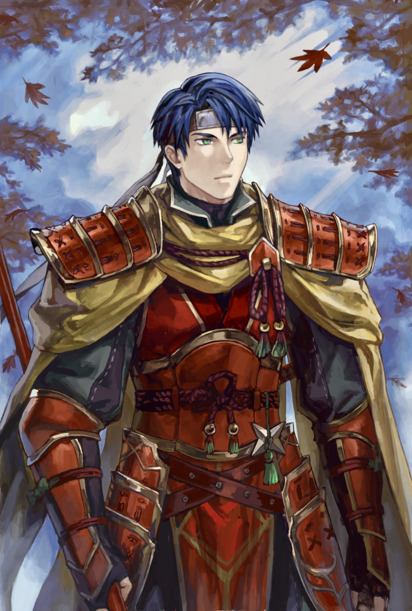 1boy armor blue_hair cape commentary_request falling_leaves fingerless_gloves fire_emblem fire_emblem_heroes forest gloves green_eyes headband highres holding holding_polearm holding_weapon japanese_armor japanese_clothes leaf looking_to_the_side male_focus maple_leaf nature nintendo oki_xfourty pelvic_curtain polearm weapon yellow_cape zelgius_(fire_emblem) zelgius_(ninja)_(fire_emblem)